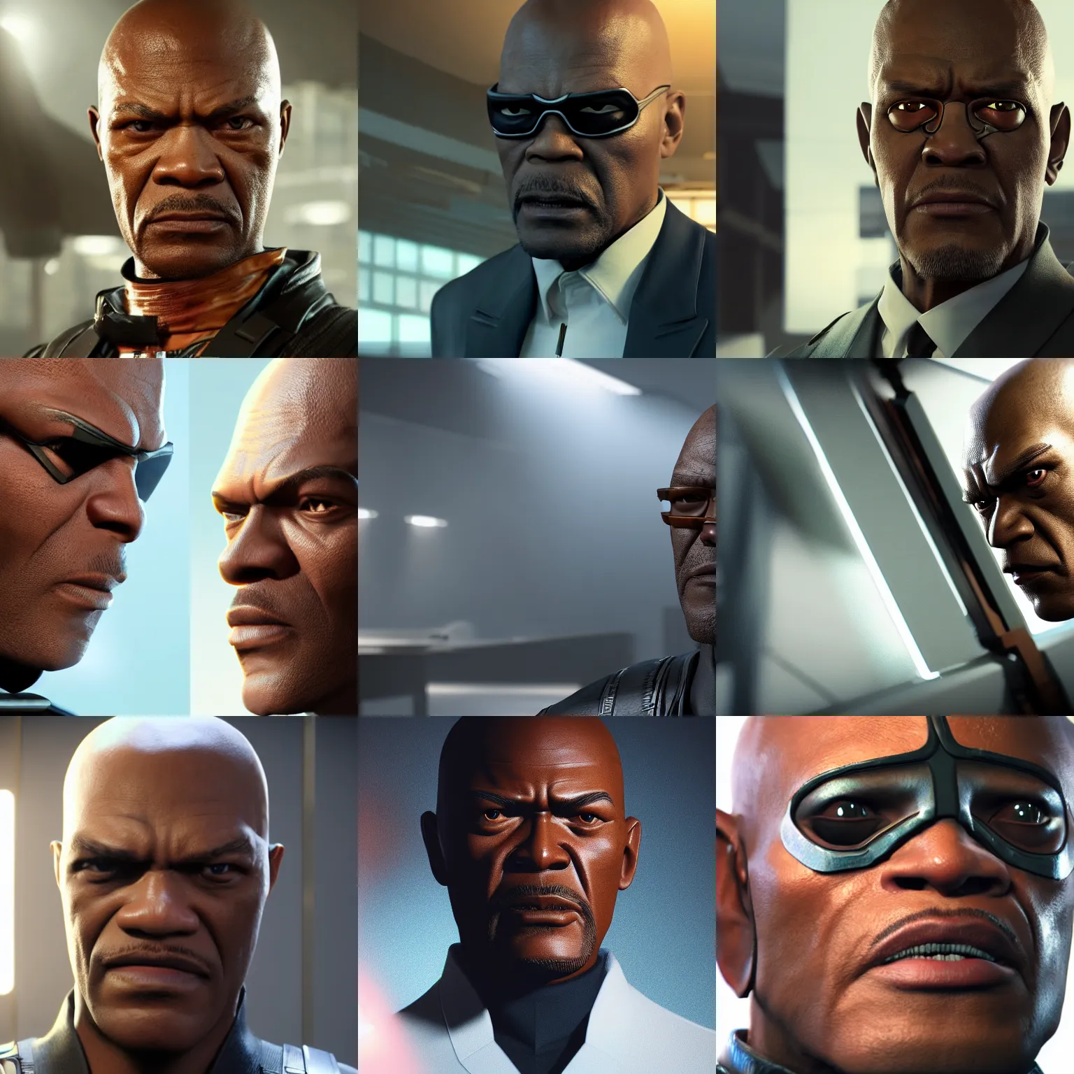 Prompt: crisp quality and light reflections, photorealistic portrait, studio lighting, still photo of nick fury, bright studio setting, highly detailed, unreal engine 5 quality render