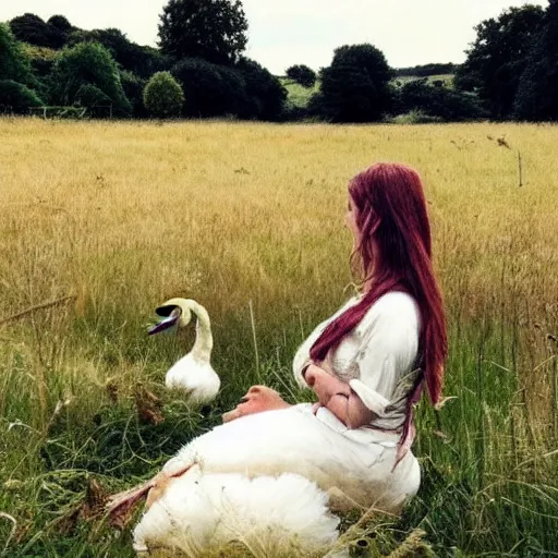 Prompt: thistles, grass, sun, woman and a swan. a meadow, late english summer. folk horror style. beautiful. gothic. dreamy. rooks. realistic