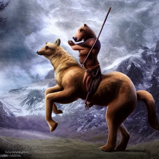 Image similar to a a bear rides a centaur, hyper detailed, photo taken on a nikon, 4k, ultra high quality