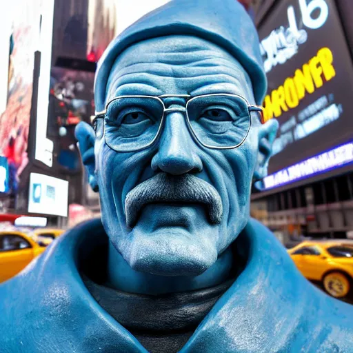 Image similar to a photograph of a very detailed renaissance sculpture of walter white as a smurf in times square, made by michelangelo, from the distance, hyper detailed, sharp focus, 8 k resolution, ray tracing