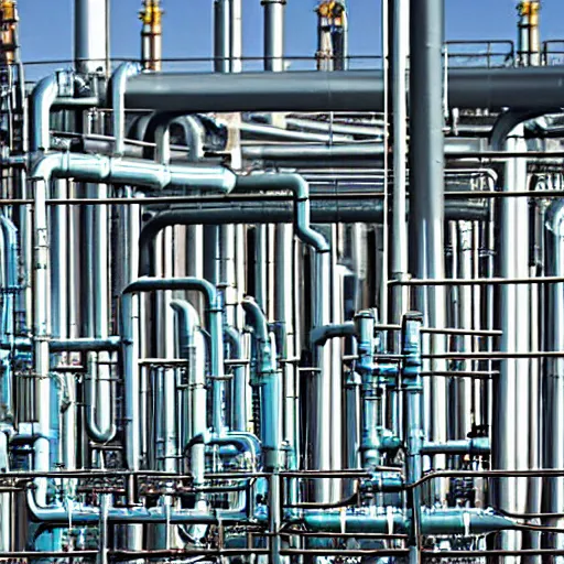 Prompt: the pipes of a chemical plant, color photo