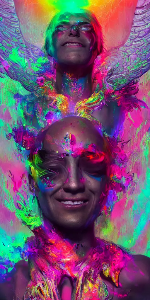 Prompt: impossibly beautiful portrait, dapper dream demon, wings, bad trip, insane smile, intricate complexity, surreal horror, inverted neon rainbow drip paint, trending on art station, photoreal, 8 k, octane render by greg rutkowski