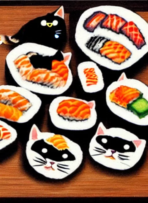 Image similar to clear photorealistic picture of adorable cats made out of sushi