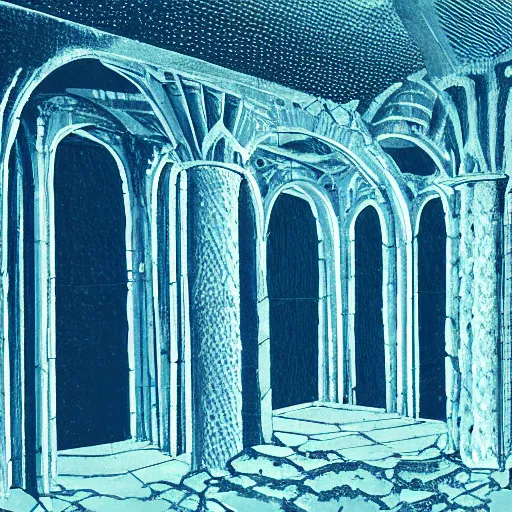 Prompt: ruins of a medieval throne room with all seats replaced by people encased in crystaline prisons, illuminated in blue light by a large crystal, perspective from the entrance, eerie ambience, handdrawn