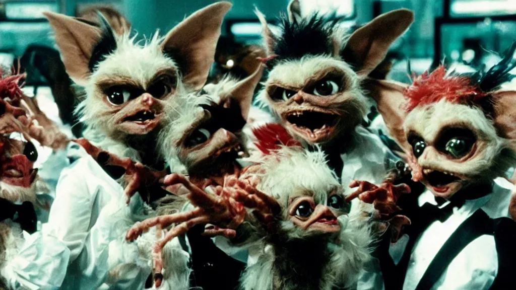 Image similar to Gremlins disguised as soundcloud rappers and heath food influencers orchestrate black swan event stock market crypto crash, film still from Gremlins 3 directed by Joe Dante, Nathan Fielder and Groucho Marx