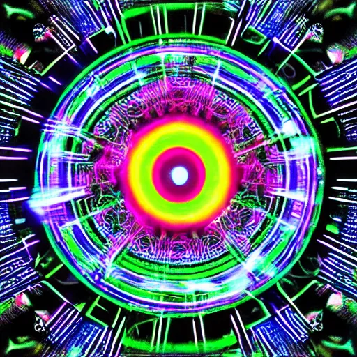 Image similar to cyberpunk neon colored blackhole mandala eye art