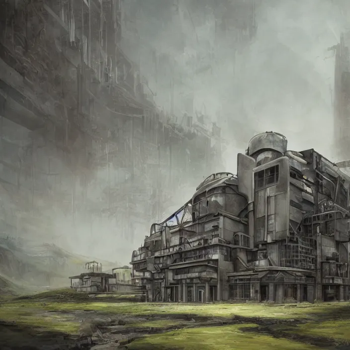 Image similar to a building in a serene landscape, dieselpunk