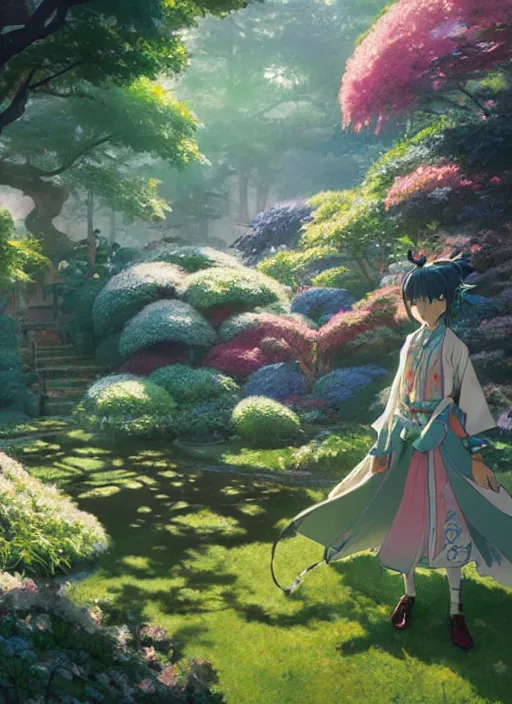 Prompt: genshin impact character klee in an enchanted garden, digital illustration, by makoto shinkai and ruan jia