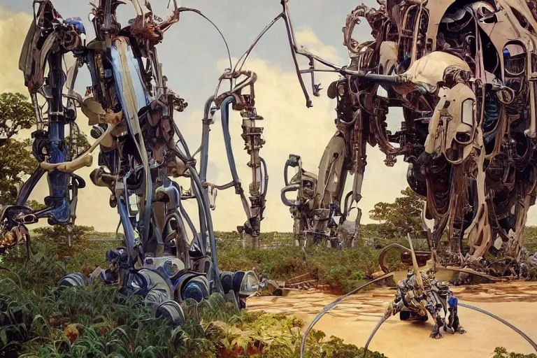 Image similar to natural landscape | robot repairing another robot, painting by syd mead and weta studio, alphonso mucha, james jean, frank frazetta, highly detailed, rule of third, soft lighting, 8 k resolution, oil on canvas, architectural magazine, beautiful detailed, insanely intricate details, artstation trending, hypermaximalistic, high details, cinematic