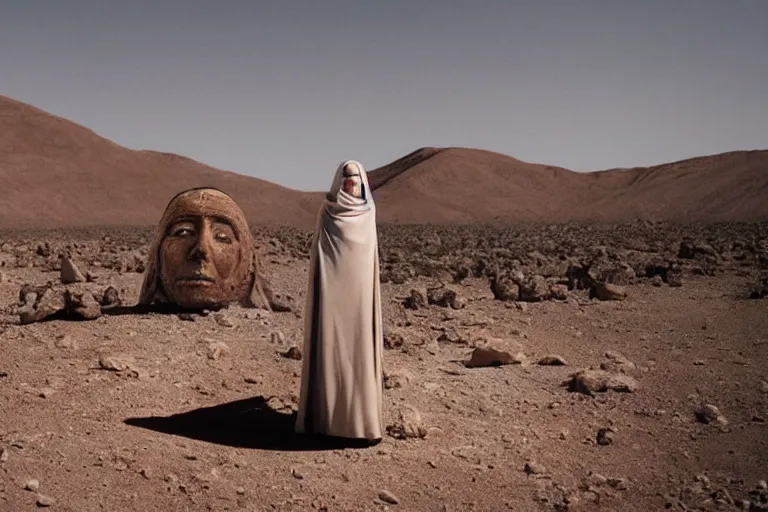 Prompt: levitating bene gesserit glowing woman with full - face golden mask in a dry rocky desert landscape, visible sky and sunny atmosphere, fata morgana giant mirrors, black star in the sky by alejandro jodorowsky and christopher doyle, anamorphic lens flares, kodakchrome, cinematic composition, practical effects, 8 k,