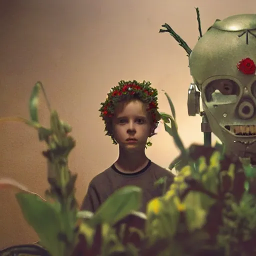 Image similar to movie still of a boy with a cyborg plants flowers helmet, cinematic composition, cinematic light, by edgar wright and david lynch
