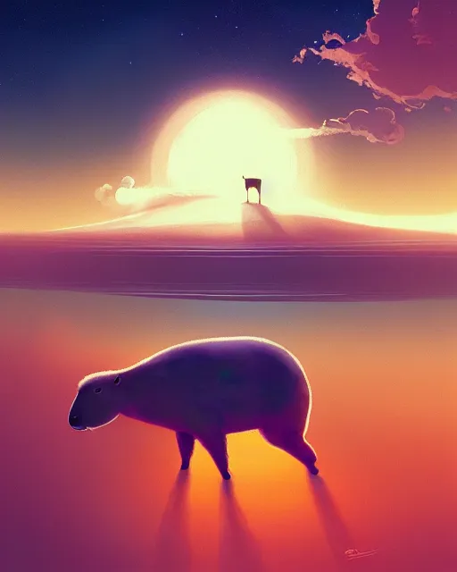 Image similar to white capybara in a non - euclidian space, surreal photography, sunrise dramatic light, impressionist painting, colorful clouds, digital painting, artstation, kilian eng, john harris, bastien lecouffe - deharme, simon stalenhag, flower face