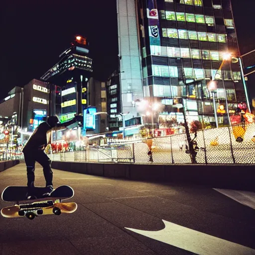 Image similar to fisheye lens photo of a skateboarder in Tokyo, night time, 8k, cinematic