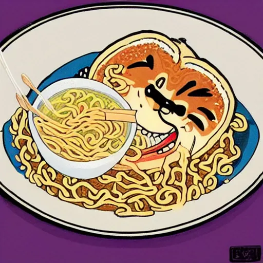 Image similar to fat cat eating ramen noodles on toast, japanese art