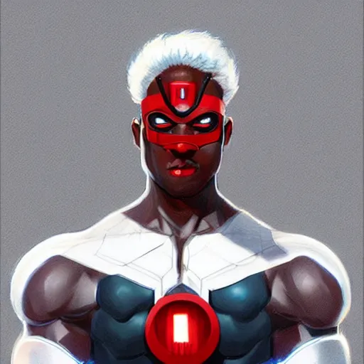 Prompt: a dark skinned, electricity themed superhero with white hair and red eyes. Drawn by Geoffroy Thoorens. Raphael Lacoste. Kuvshinov ilya