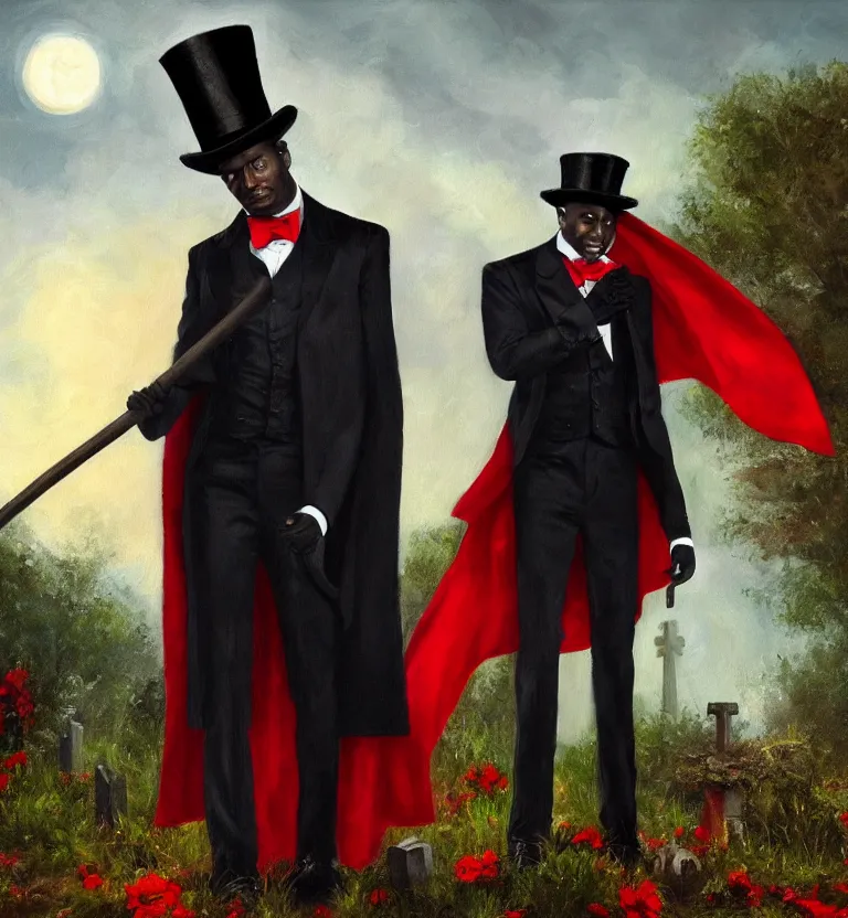 Image similar to a realistic oil painting of a black man in a cemetery at night wearing a top hat that hides his face and a black and red cape while holding a trident, digital art, realistic, detailed, moonlight.