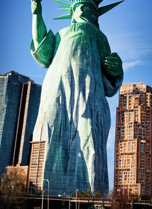Prompt: giant monster walking between buildings, and it has the face of the statue of liberty