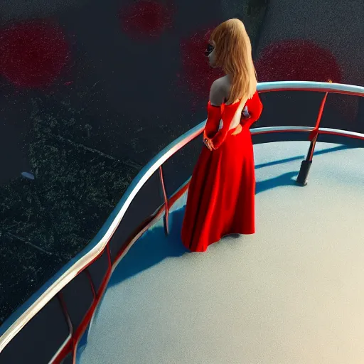 Image similar to cyberpunk girl wearing a red swirling dress, standing on an Imerovigli terrace looking down into the ocean, trending on artstation, cinematic lighting