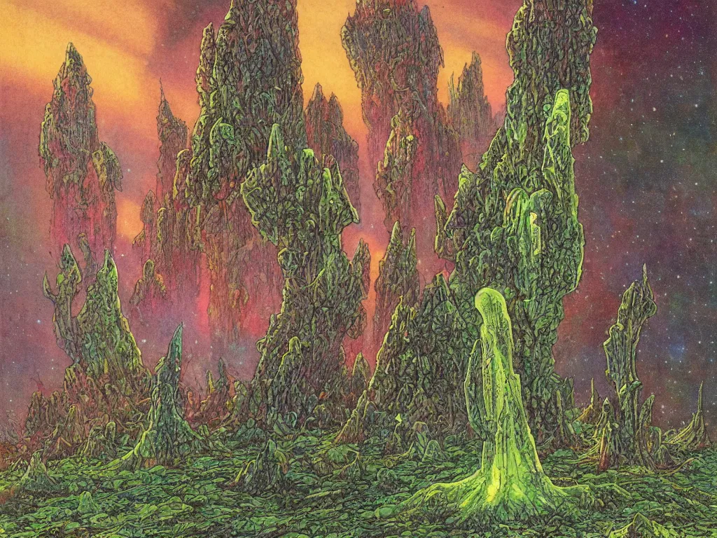 Prompt: an epic concept art, intricate coral, fungal gems, iridescent crystal monoliths, obelisks and an aurora borealis, mossy stumps, cell shading, by moebius, hiroshi yoshida, druillet, colorful, vivid colors