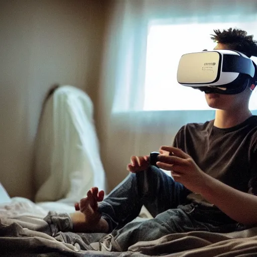 Image similar to A teenage caucasian boy wearing a VR-headset sitting on his messy bed. The messy tiny room is dimly lit by a small night light. dim lighting, award-winning, anime, manga style, cyberpunk