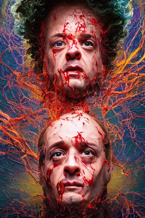 Prompt: uhd hyperdetailed pauly shore head exploding, puking blood, screaming, with sparking circuits, nerves visible, studio lighting, by ayami kojima amano karol bak, greg hildebrandt and mark brooks