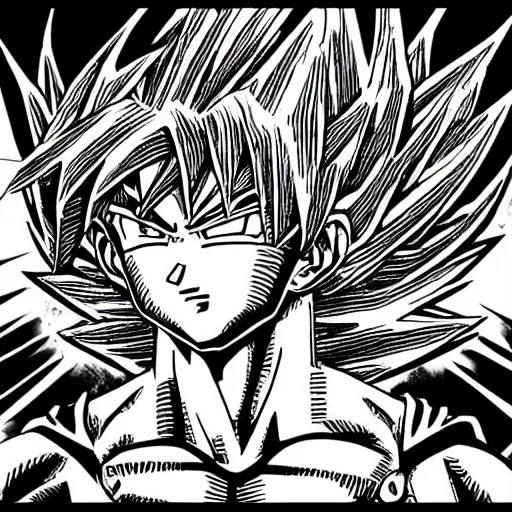 Image similar to Ultra Instinct Frank Zappa Dragon Ball Super manga panel award winning black and white art by Frank Zappa highly detailed pen and ink matte painting