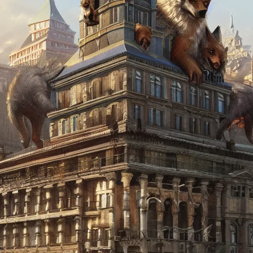 Image similar to werewolf sitting highly on lviv building, panorama, portrait, highly detailed, full body, digital painting, trending on artstation, concept art, sharp focus, illustration, art by artgerm and greg rutkowski and magali villeneuve