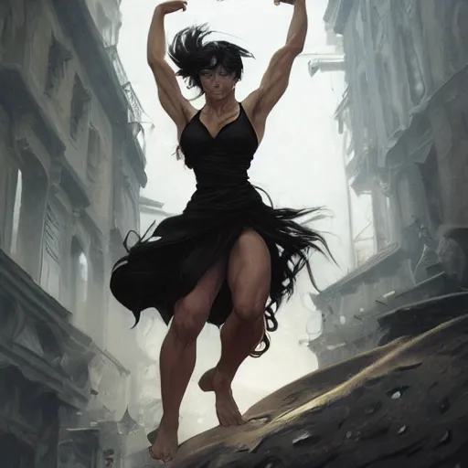 Prompt: an action photo of a black haired woman in a black tank top fighting a man, muscular upper body, abs, d & d, fantasy, intricate, elegant, highly detailed, digital painting, artstation, concept art, smooth, sharp focus, illustration, art by artgerm and greg rutkowski and alphonse mucha