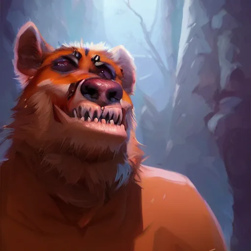 Image similar to Portrait of a Gnoll, mattepainting concept Blizzard pixar maya engine on stylized background splash comics global illumination lighting artstation lois van baarle, ilya kuvshinov, rossdraws