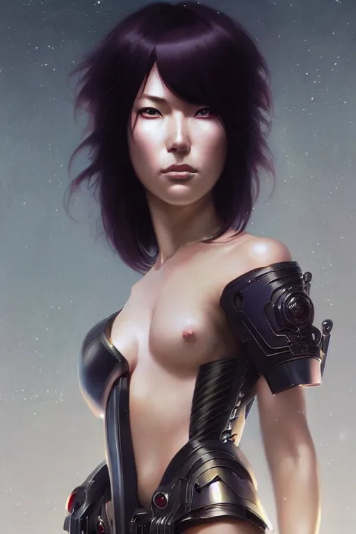 Prompt: Motoko Kusanagi ,dark fantasy, intricate, elegant, highly detailed, digital painting, artstation, concept art, matte, sharp focus, illustration, art by Artgerm and Greg Rutkowski and Alphonse Mucha