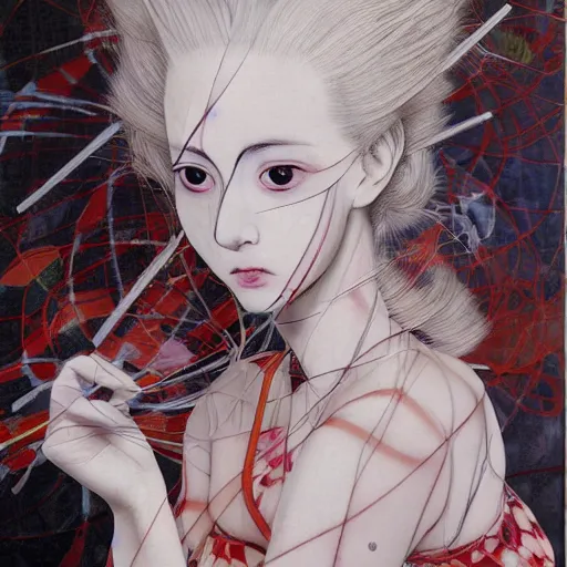 Image similar to yoshitaka amano blurred and dreamy realistic portrait of a woman with black eyes and white hair wearing dress suit with tie, junji ito abstract patterns in the background, satoshi kon anime, noisy film grain effect, highly detailed, renaissance oil painting, weird portrait angle, blurred lost edges, three quarter view