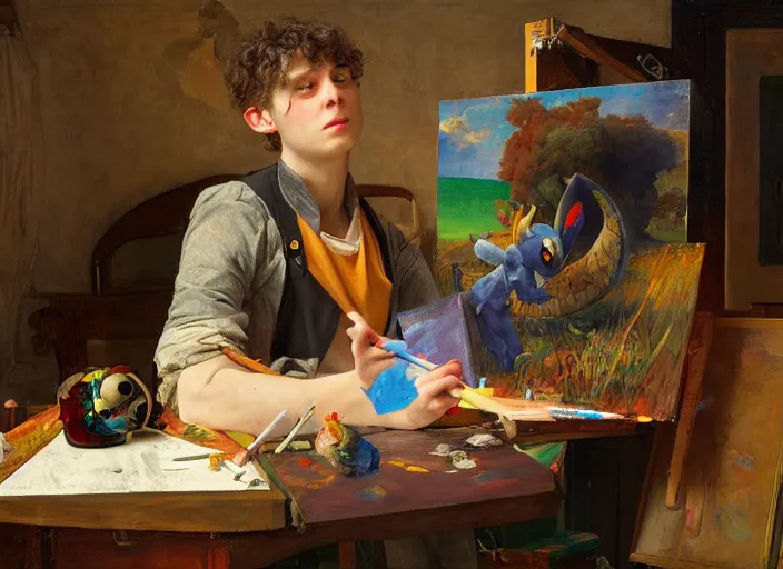 Image similar to a young painter in his studio painting a picture of a colourful pokemon, by edgar maxence and caravaggio and michael whelan and delacroix style, artistic, intricate drawing, cinematic lighting, hyper realistic, extremely detailed, establishing shot, 8 k resolution, dramatic lighting