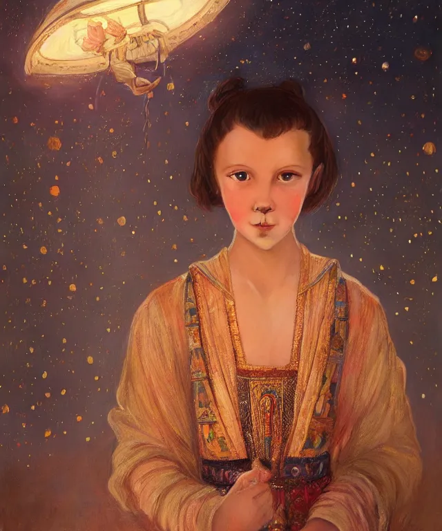 Image similar to a beautiful painting of a girl resembling millie bobby brown at the lantern festival in a an ancient egyptian town, at night with a sky full of stars, intricate, elegant, highly detailed, digital painting, artstation, concept art, by krenz cushart and artem demura and alphonse mucha