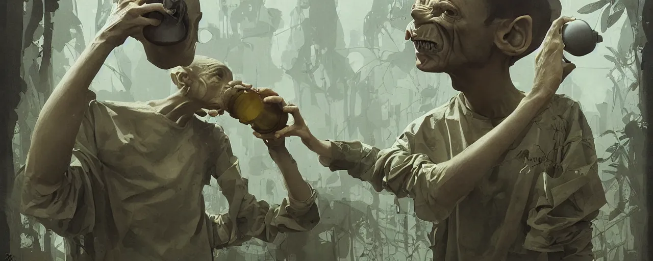 Image similar to duotone olive illustration 3 / 4 portrait of gollum drinking yerba mate from metal cup symmetrical composition accidental renaissance golden ratio. by sachin teng and sergey kolesov and ruan jia and heng z. graffiti art, scifi, fantasy, hyper detailed. octane render. concept art. trending on artstation