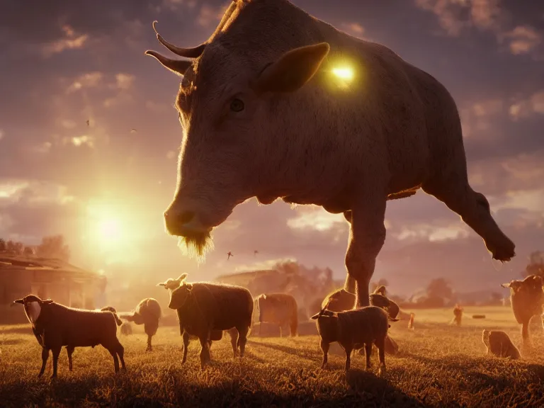 Prompt: livestock revolting against farmers, 8 k, ultra realistic, lens flare, atmosphere, glow, detailed, intricate, full of colour, cinematic lighting, trending on artstation, 4 k, hyperrealistic, focused, extreme details, unreal engine 5, cinematic, masterpiece