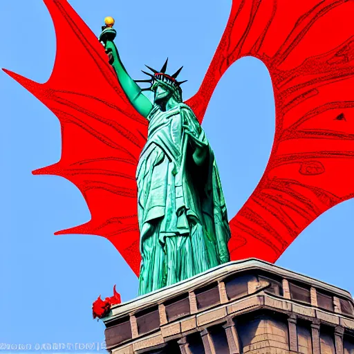 Image similar to Lady Liberty sitting on the back of a red dragon