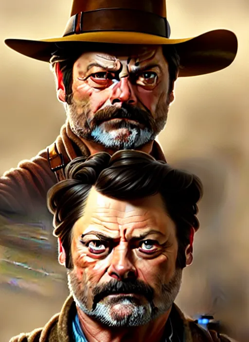 Image similar to portrait of nick offerman as indiana jones, intricate, elegant, highly detailed, digital painting, artstation, concept art, smooth, sharp focus, illustration, art by artgerm and greg rutkowski and alphonse mucha