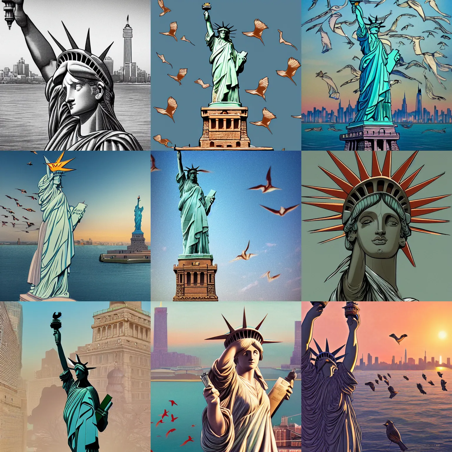 Prompt: the statue of liberty in the daytime, with some birds, waves are calmly going, a city, water sparkling by the sun, in the style of artgerm, sergeant, and mucha, trending on artstation, 8 k, elegant, detailed, stunning