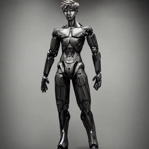 Image similar to “a realistic detailed photo of a guy who is an attractive humanoid who is half robot and half humanoid, who is a male android, twitch streamer Ninja Tyler Blevins, shiny skin, posing like a statue, blank stare”