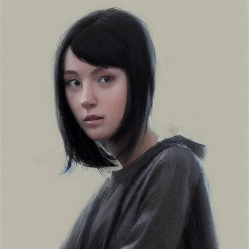 Image similar to portrait of a young woman by greg rutkowski, she is about 2 0 years old, mixture between russian and japanese, pretty, black bob hair with two strands around her face, very tall and slim, wearing a oversized jumper jumpsuit, highly detailed portrait, digital painting, artstation, concept art, smooth, sharp foccus ilustration, artstation hq