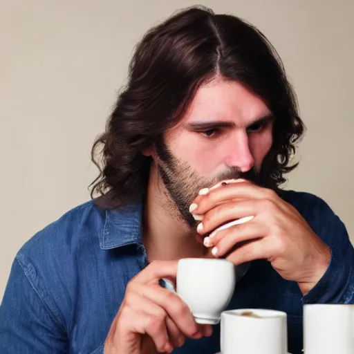 Image similar to man with long dark hair drunk with coffee who is sad because others are not boys