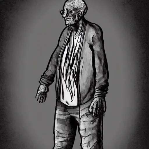 Image similar to detailed half body digital art of a old person wearing ragged and ruined clothes. the background is pure black with a little bit of glow behind the character