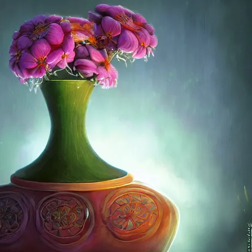 Prompt: a digital painting of a flower in a vase, a surrealist painting by jin gyoung cha, featured on cg society, fantasy art, 2 d game art, rendered in maya, storybook illustration