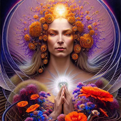 Image similar to A beautiful detailed orixa, tarot card, by tomasz alen kopera and Justin Gerard and a bouquet of ethereal big colorful transparent entangled flowers on the background, direct sunlight, glowing, vivid, detailed painting, Houdini algorhitmic pattern, by Ross Tran, WLOP, artgerm and James Jean, masterpiece, award winning painting