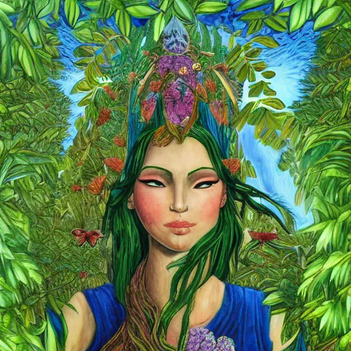 Image similar to earth goddess surveys her domain, plants erupting from the ground, high detail