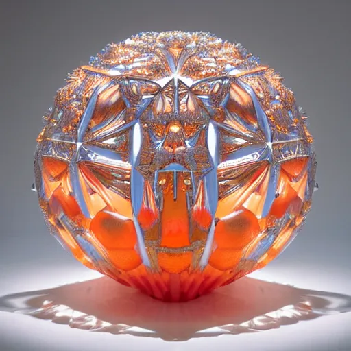 Image similar to symmetrical detailed sculpture of an orange, made of Opalescent Crystal