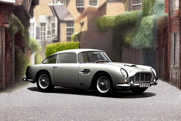 Image similar to a wholesome animation key shot of one short - wheelbase aston martin db 5, in a rich london mews residential street, miniature, waist height, medium range, studio ghibli, ( pixar ) and disney animation, sharp, very detailed, unreal engine 5 render, bloom, high resolution, anime key art by greg rutkowski