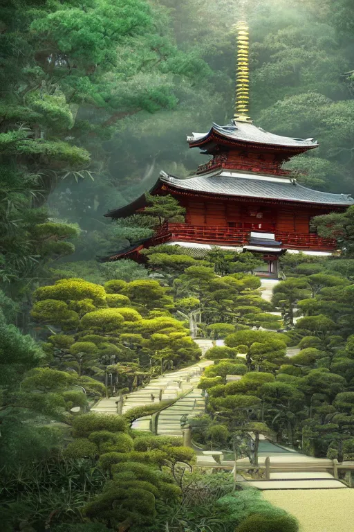 Image similar to Japanese Buddhist temple in the middle of a forest of bonsai and bamboo, powerfull, intricate, elegant, volumetric lighting, digital painting, highly detailed, artstation, sharp focus, illustration, concept art, ruan jia, steve mccurry