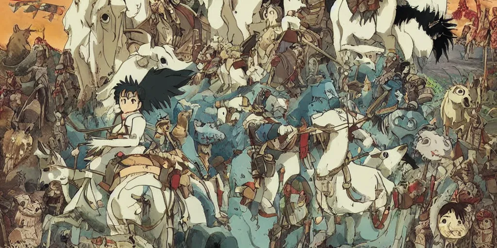 Image similar to war, horses, knights, king, a magical palace on a mountain, miyazaki's animated film, ghibli studio, spirited away, princess mononoke,