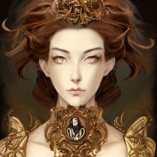 Image similar to portrait of lady dimitrescu, baroque style, elegant, beautiful, mesmerizing, concept art, fancy clothing, highly detailed, artstation, behance, deviantart, inspired by innocent manga, inspired by castlevania concept art, trending, ayami kojima, shinichi sakamoto